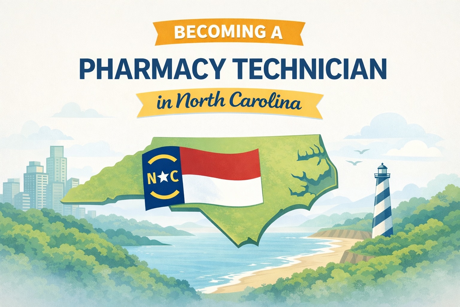 The title of the blog is featured above the outline of NC State. The flag is on state outline, and in the background is the NC landscape: ocean, cityscape, lush foliage, and a lighthouse. 