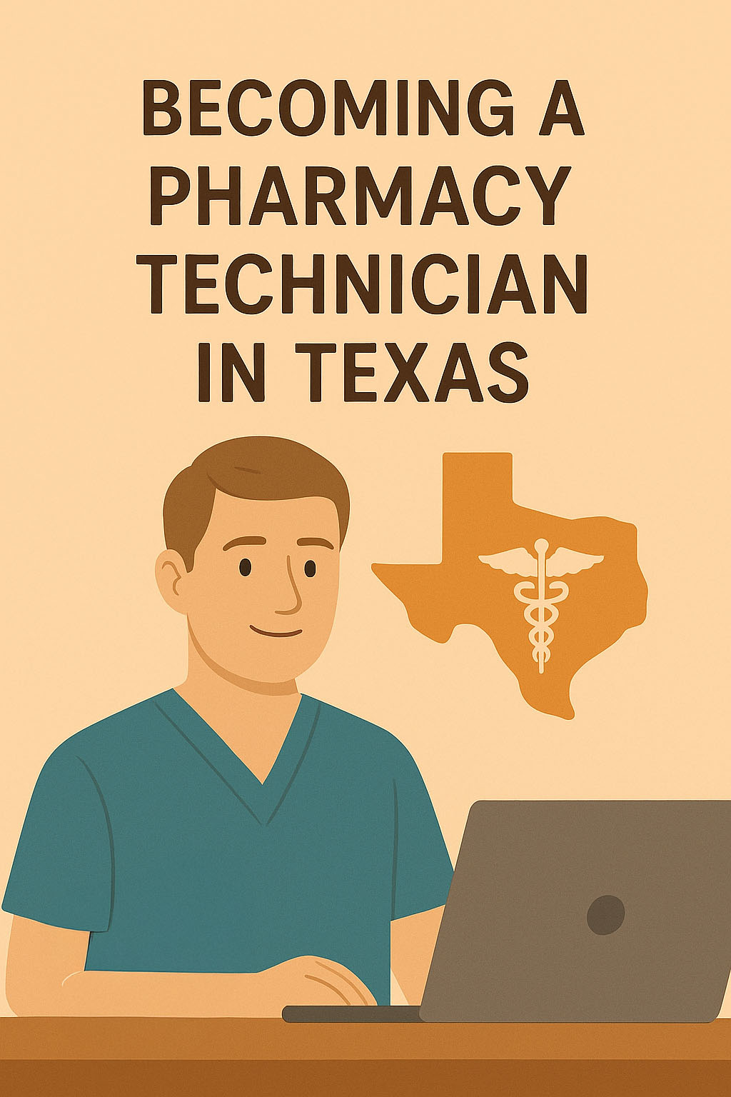 A male pharmacy tech sitting at his desk with his laptop. The title of the article is in the background, along with an outline of the state of TX. 