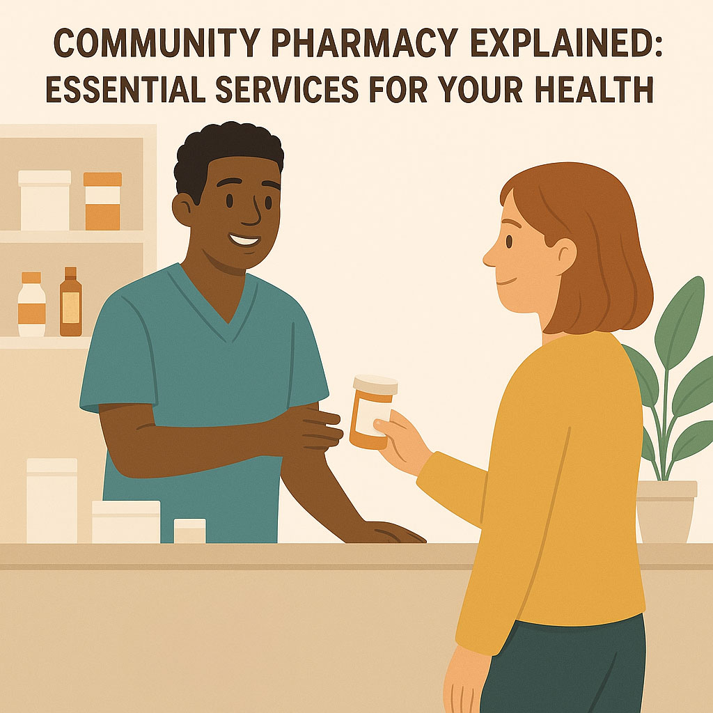 A community pharmacy technician is assisting a customer in their pharmacy. They are handing a customer their bottle of pills.