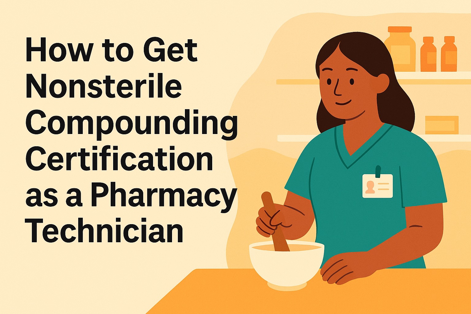 A female pharmacy technician is using a mortar and pestle in a pharmacy. Behind her is the title of the article: How to Get Nonsterile Compounding Certification as a Pharmacy Technician