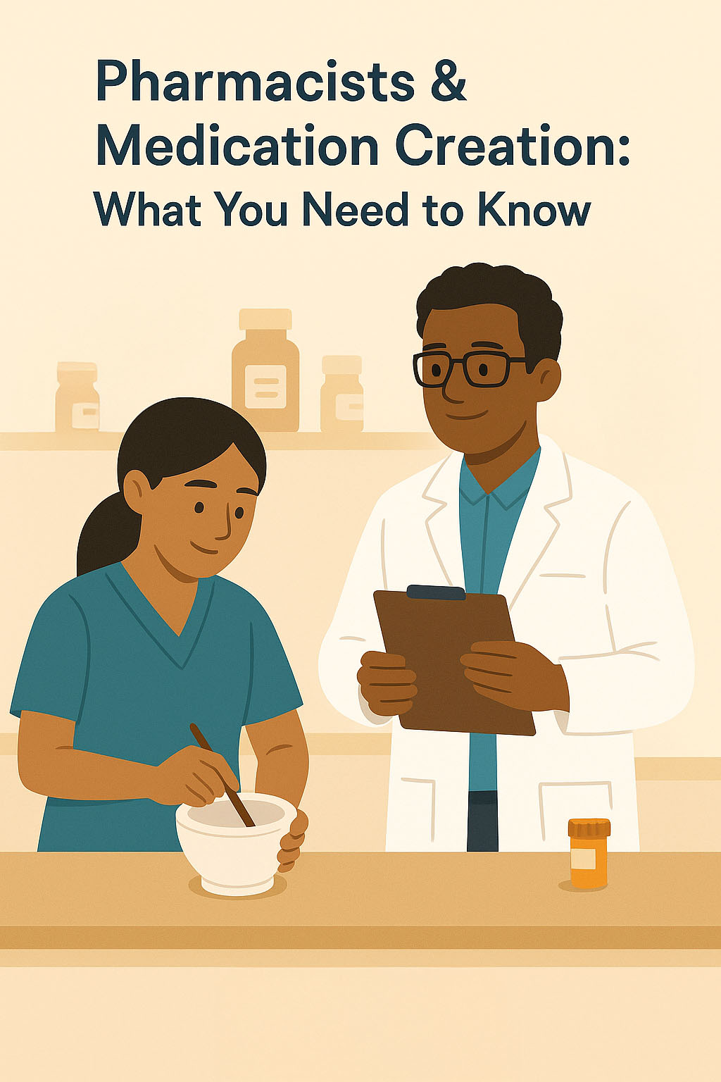 A pharmacist is supervising a pharmacy tech creating a medication. The title of the article is above them. 