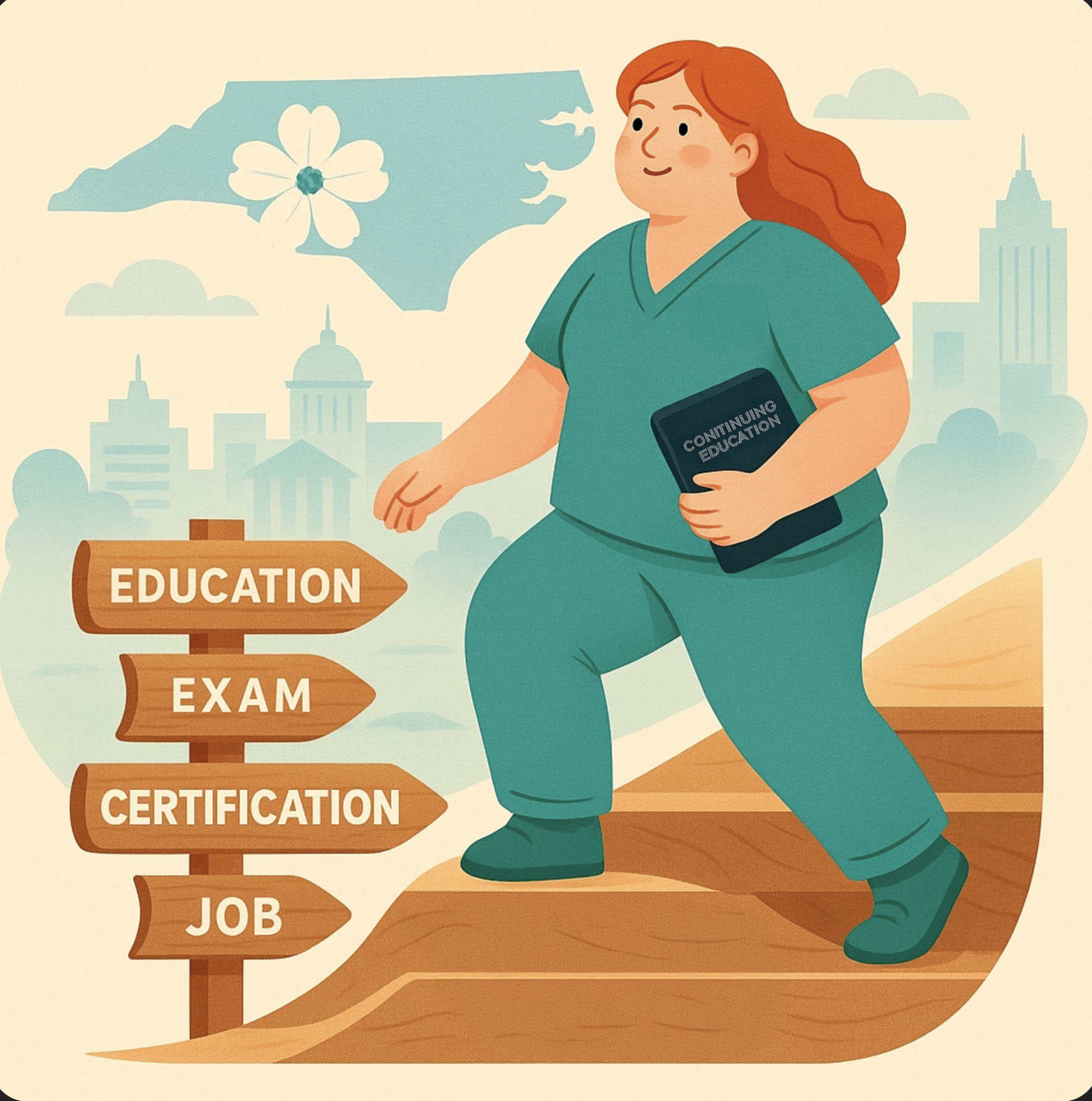 A female pharmacy technician is climbing the steps to get certified in NC. She is holding a book with the title "continuing education" 