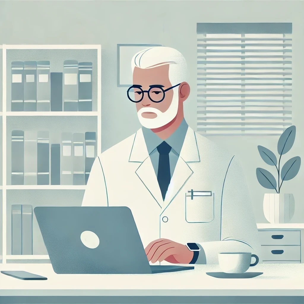 Older pharmacist working on online CEs