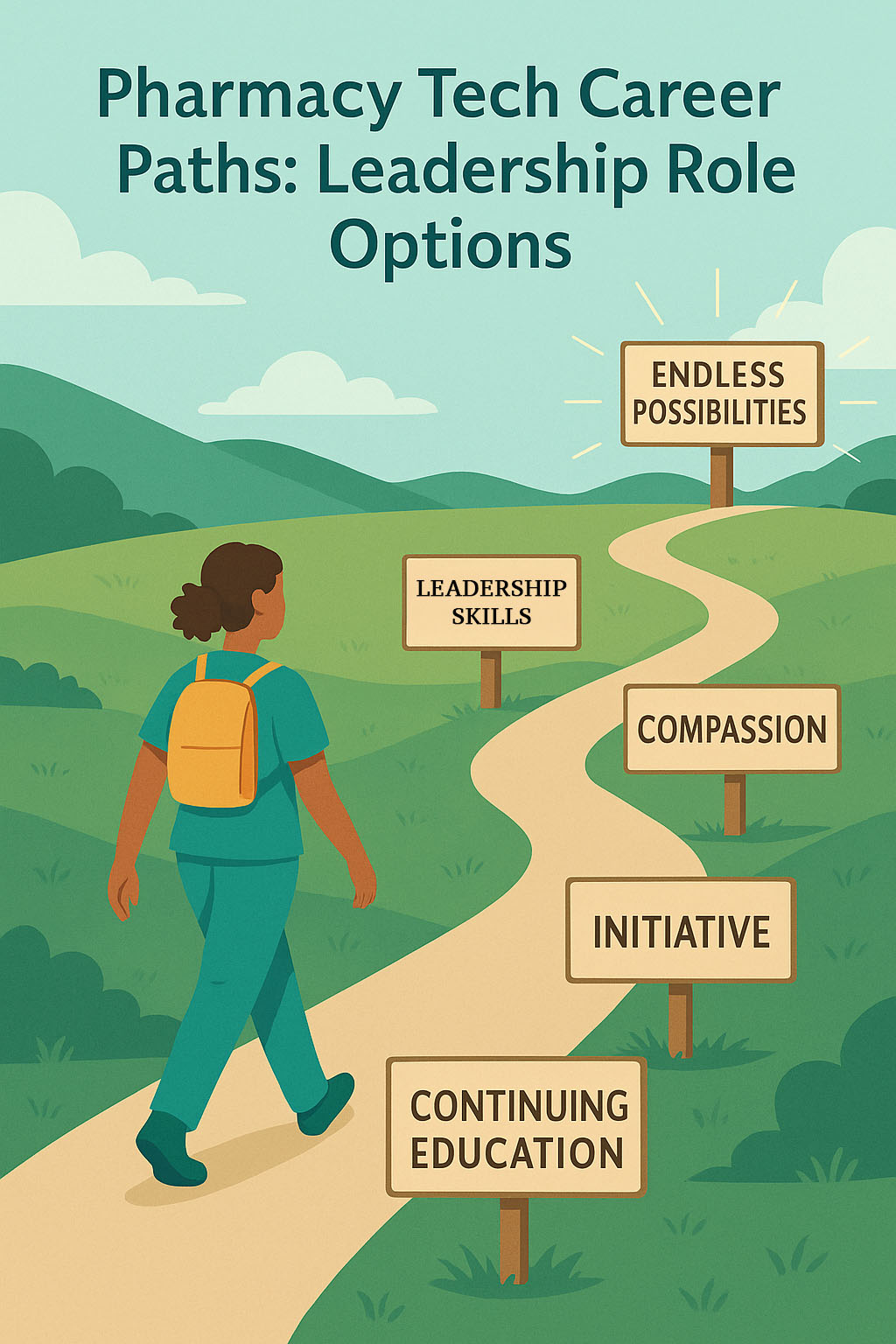 Pharmacy tech with a backpack on a scenic hike featuring signs that highlighting the steps to leadership with endless possibilities at the end of the road. 