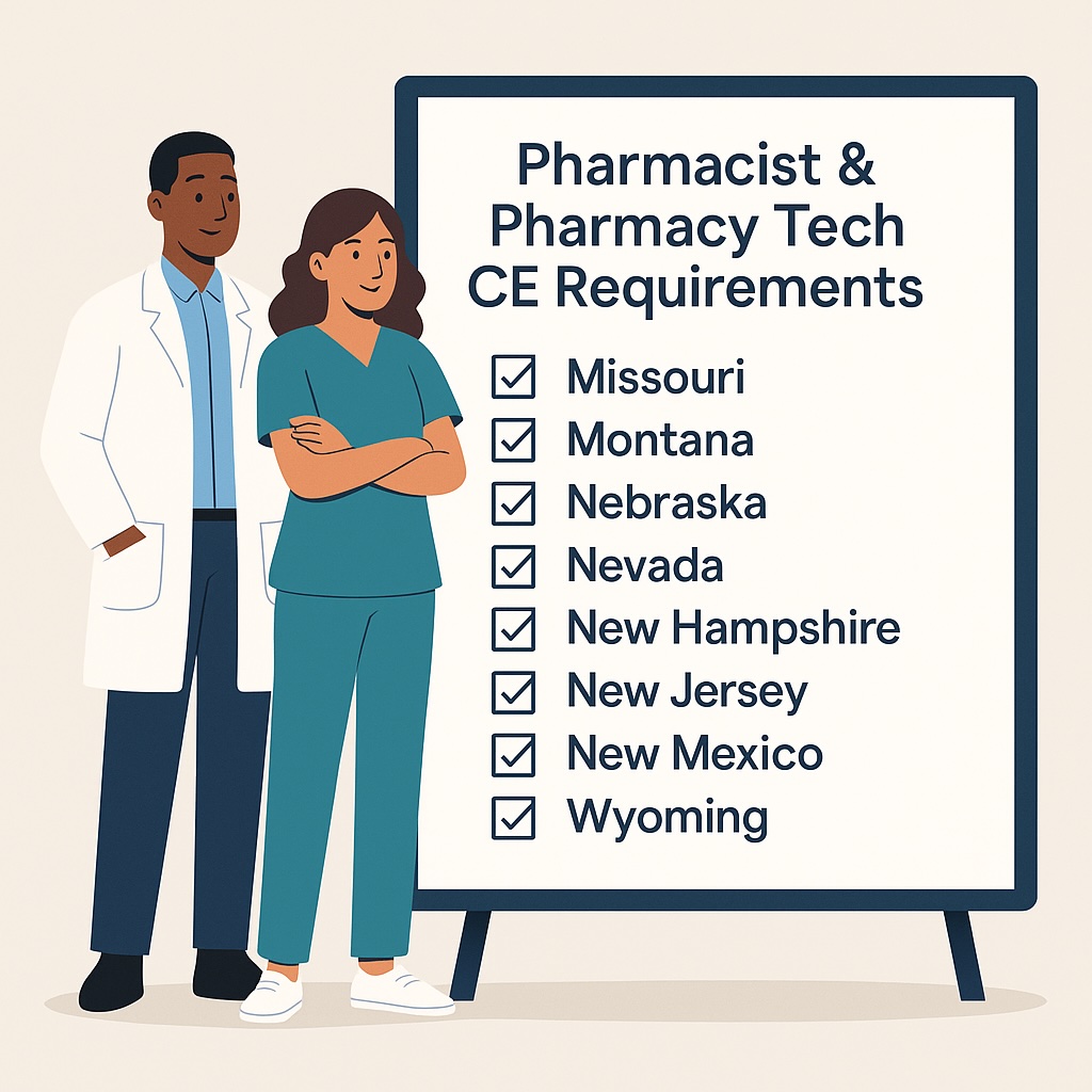 A pharmacist and pharmacy tech standing next to a checklist with a few of the states mentioned in this article. 