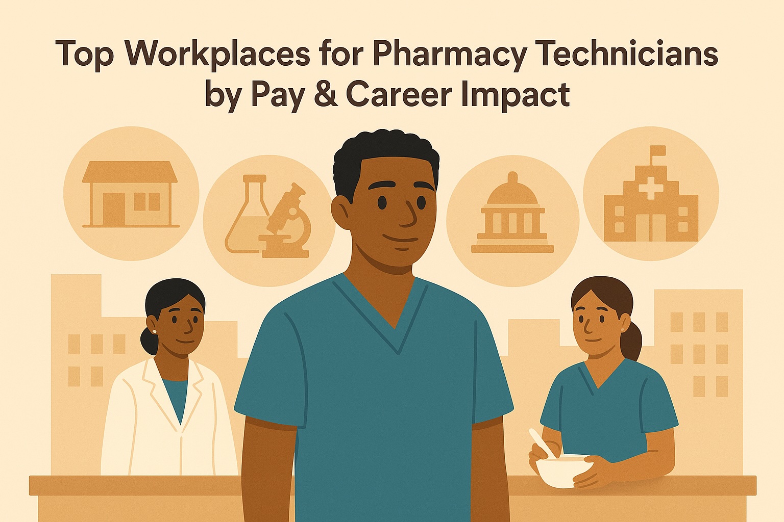A male pharmacy tech standing in front of the places touched upon in this article: outpatient care centers, research and development, federal government, and hospitals. 