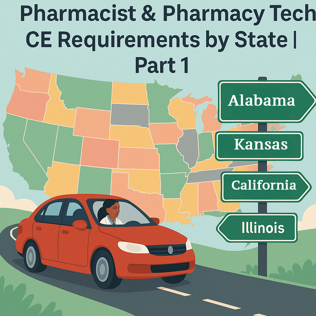 A pharmacist going down a road with signs for states and an outline of the US in the background