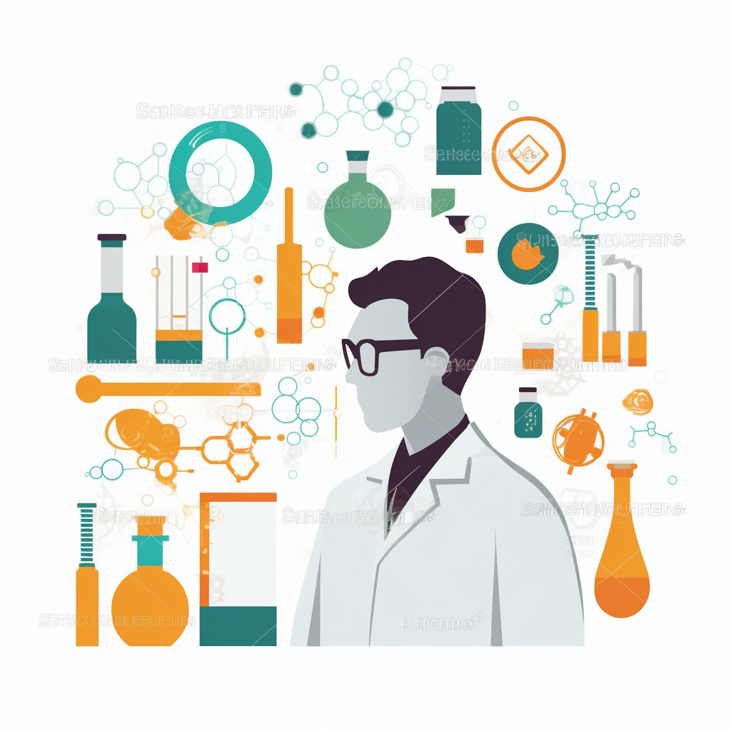Pharmacist surrounded by images of pharmacy equipment
