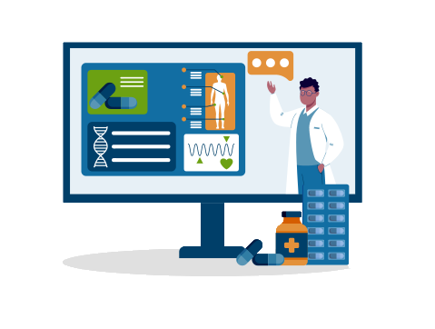 Pharmacist displays contiuning education for pharacists and pharmacy techs on a TV screen.