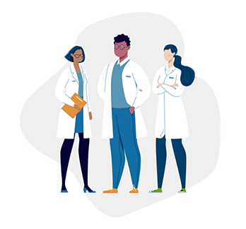 Pharmacists and pharmacy techs posing in lab coats.