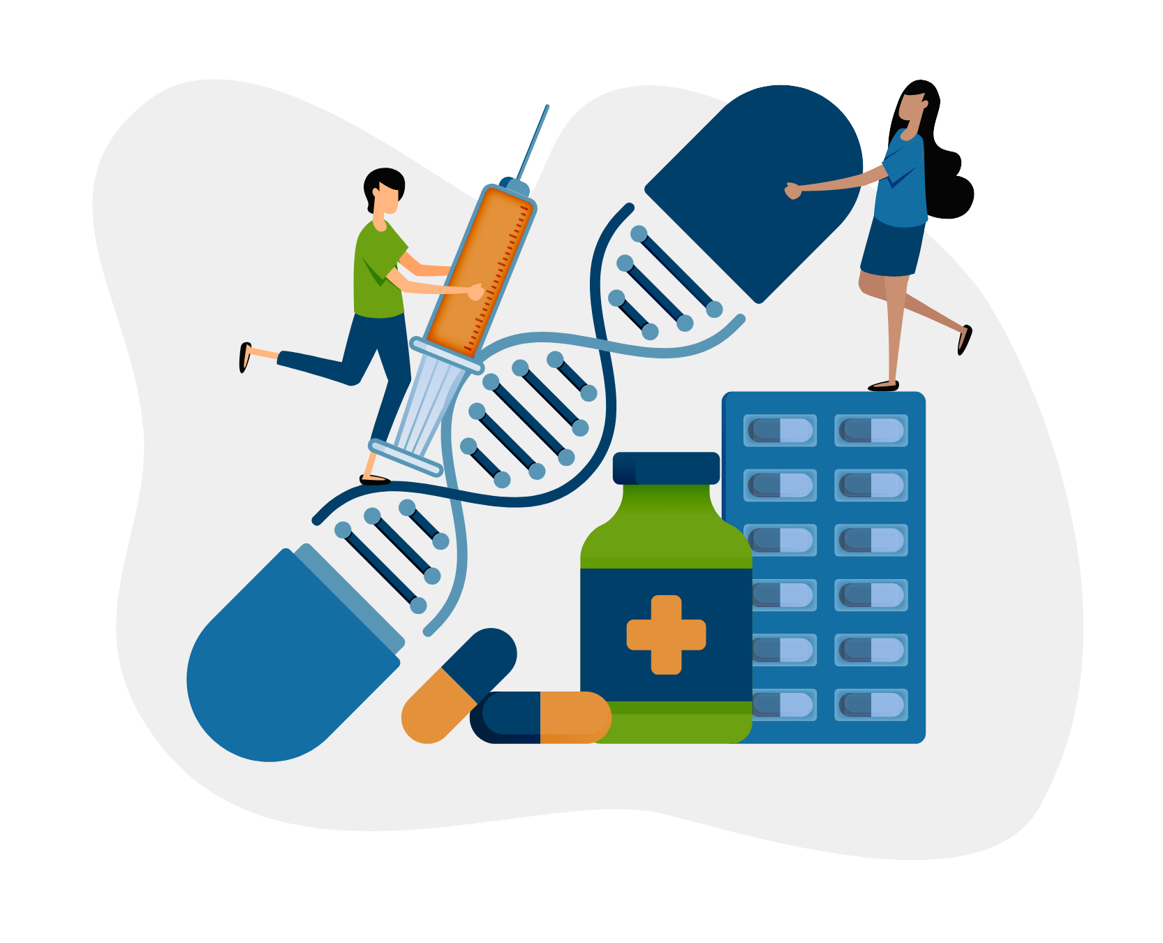Pharmacists and pharmacy techs surrounded with tools of their trade like needles and medication.